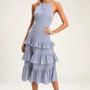 Just Me Light Blue Striped Tiered Midi Dress XS